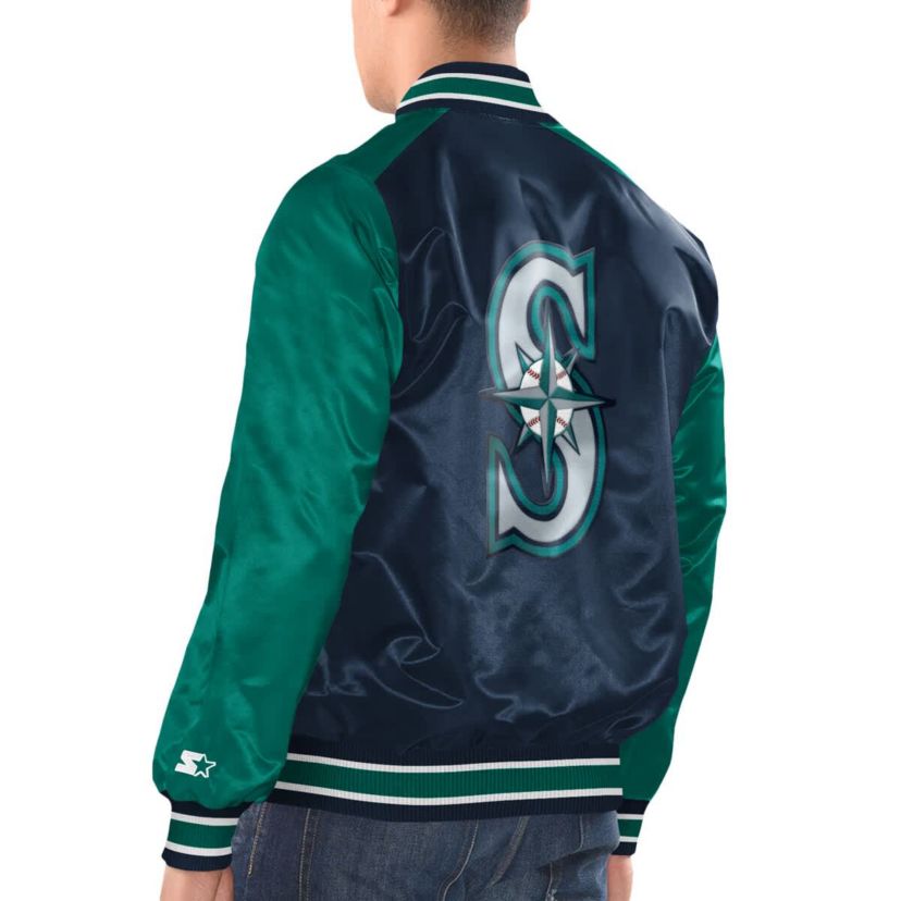 MLB Navy/Teal Seattle Mariners Varsity Satin Full-Snap Jacket