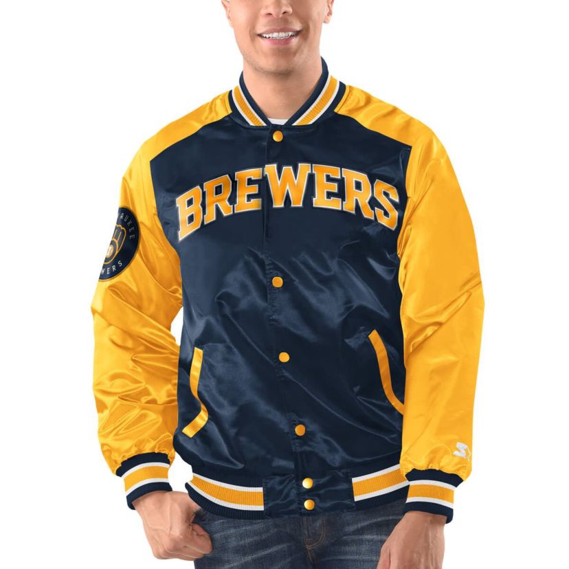 MLB Navy/Gold Milwaukee Brewers Varsity Satin Full-Snap Jacket