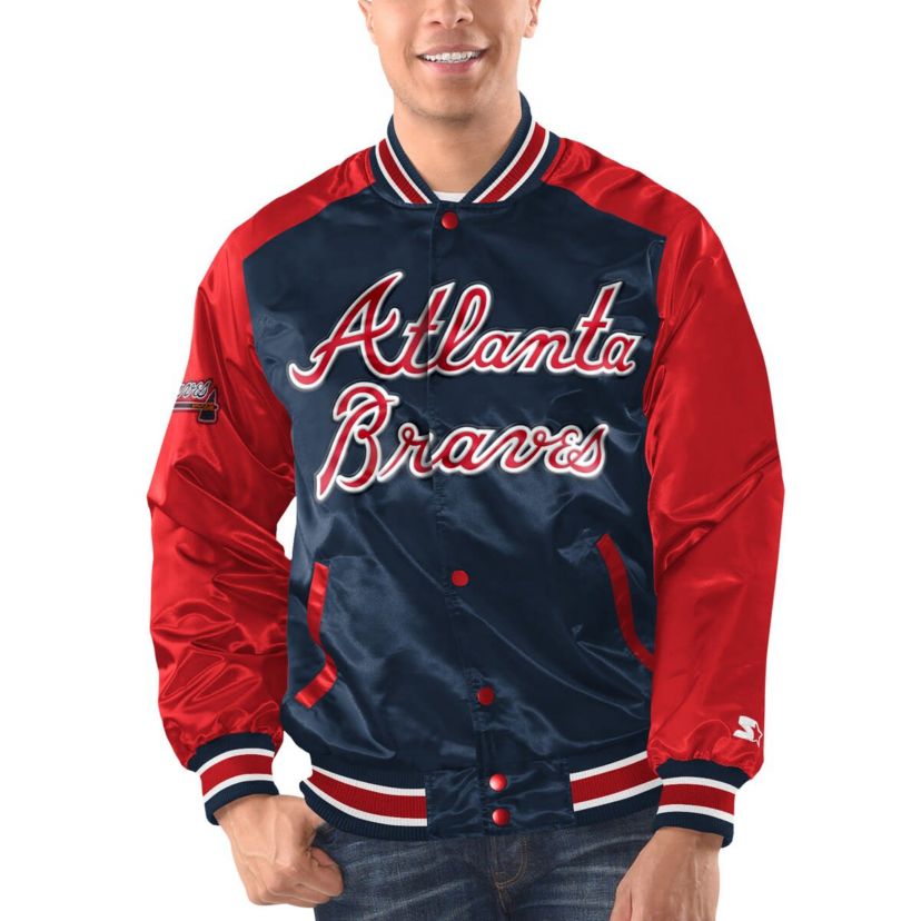 MLB Navy/Red Atlanta Braves Varsity Satin Full-Snap Jacket