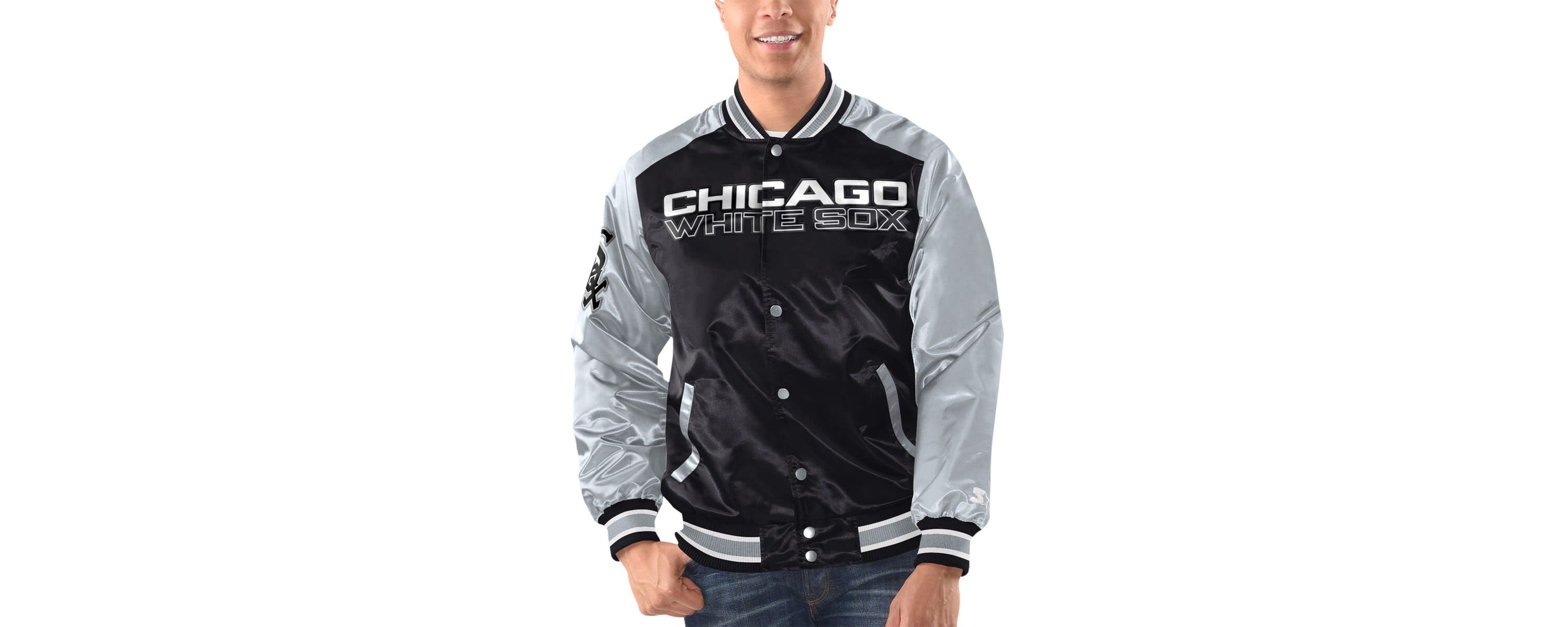 Chicago White Sox MLB Black/Silver Chicago Sox Varsity Satin Full-Snap Jacket