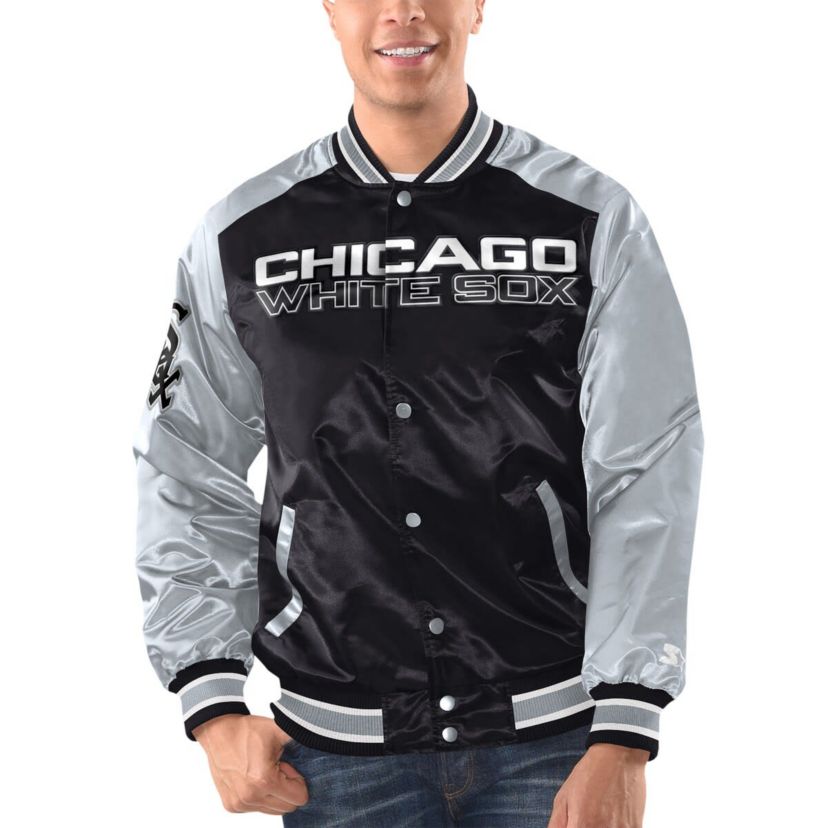 Chicago White Sox MLB Black/Silver Chicago Sox Varsity Satin Full-Snap Jacket