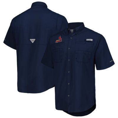 Columbia Men's MLB St. Louis Cardinals Tamiami Omni-Shade Button-Down Shirt, Navy Blue, Medium