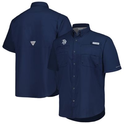 Columbia Men's MLB Tampa Bay Rays Tamiami Omni-Shade Button-Down Shirt, Navy Blue, Medium