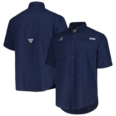 Columbia Men's MLB Atlanta Braves Tamiami Omni-Shade Button-Down Shirt, Navy Blue, Small