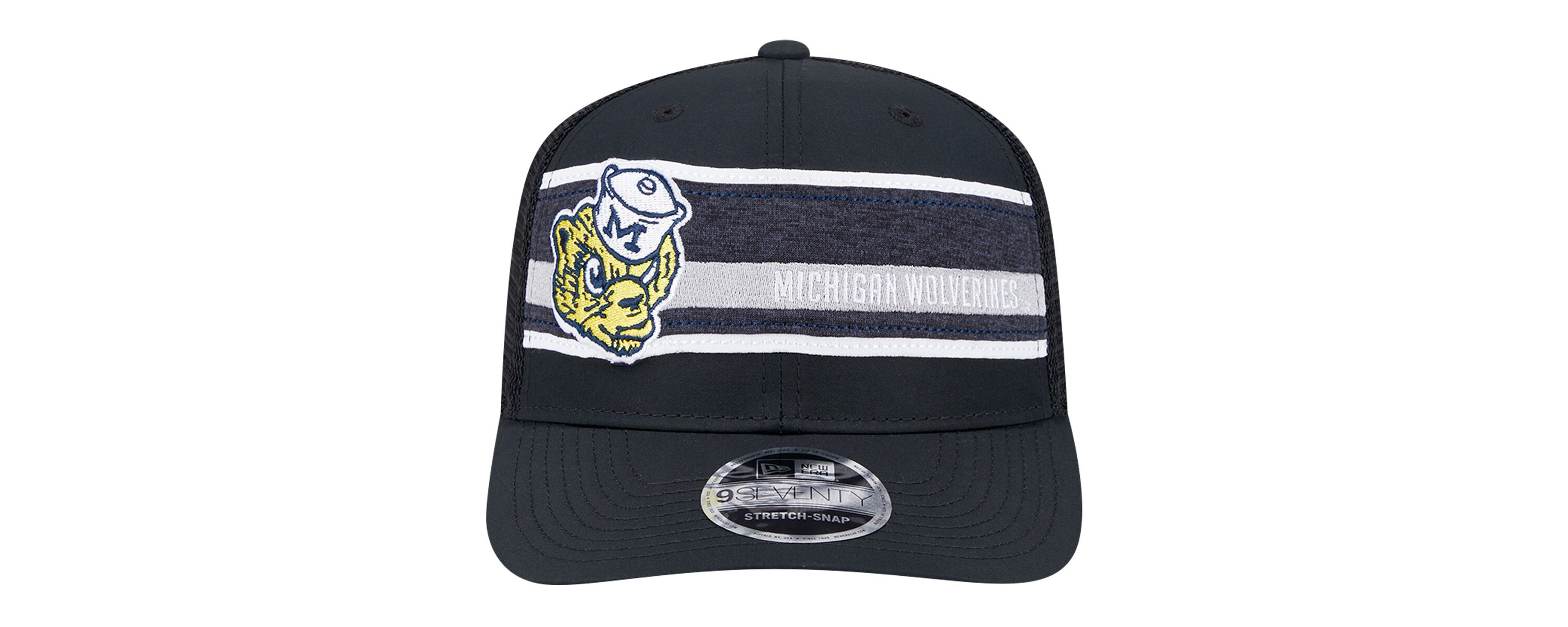 NCAA Black/Navy Michigan Wolverines Striped 9SEVENTY Trucker Stretch-Snap Adjustable Hat