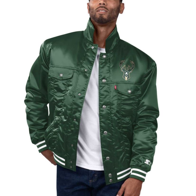 NBA x Levis Hunter Milwaukee Bucks Label Trucker Satin Full-Snap Jacket