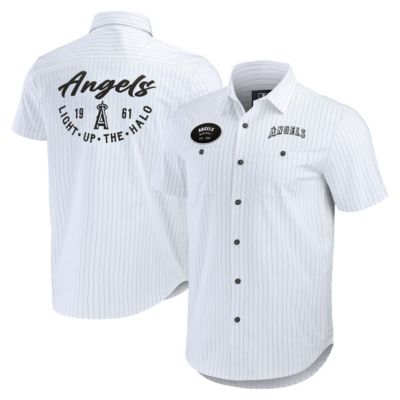 Darius Rucker Collection by Fanatics Men's MLB Los Angeles Angels Pin Stripe Short Sleeve Button-Up Shirt, White, Small