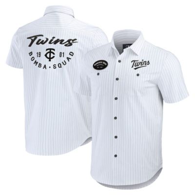 Darius Rucker Collection by Fanatics Men's MLB Minnesota Twins Pin Stripe Short Sleeve Button-Up Shirt, White, Small