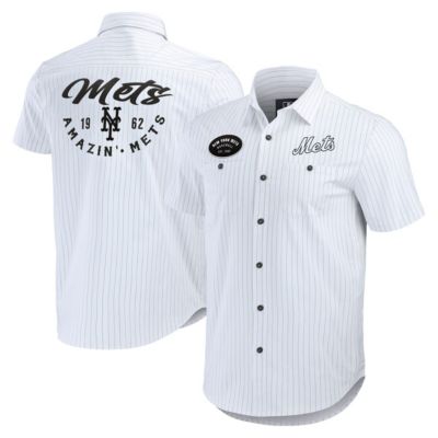 Darius Rucker Collection by Fanatics Men's MLB New York Mets Pin Stripe Short Sleeve Button-Up Shirt, White, Small