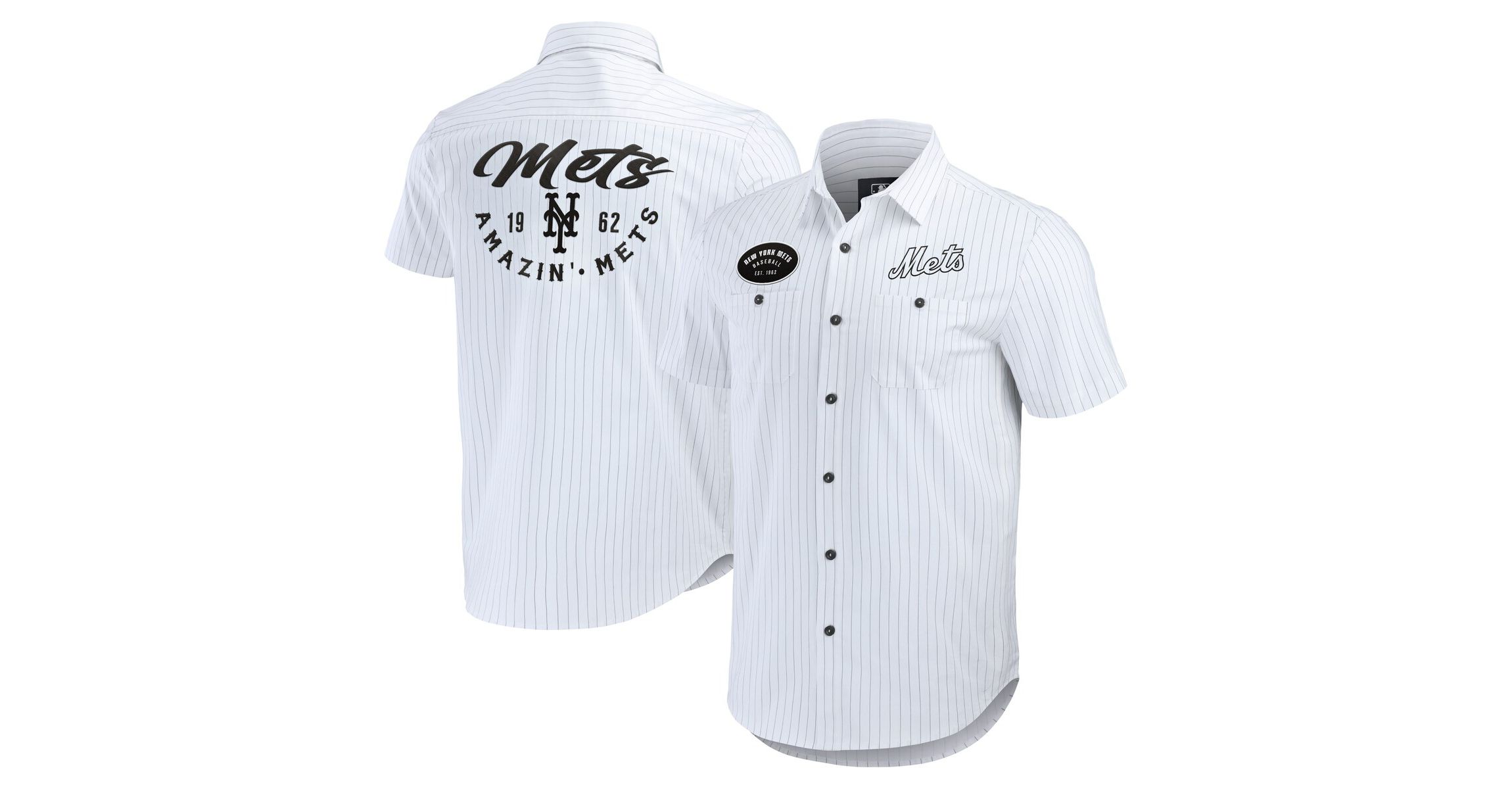 MLB New York Mets Pin Stripe Short Sleeve Button-Up Shirt