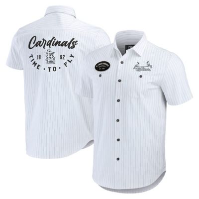 Darius Rucker Collection by Fanatics Men's MLB St. Louis Cardinals Pin Stripe Short Sleeve Button-Up Shirt, White, Small