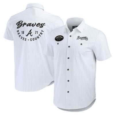 Darius Rucker Collection by Fanatics Men's MLB Atlanta Braves Pin Stripe Short Sleeve Button-Up Shirt, White, Small
