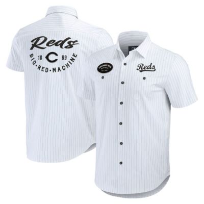 Darius Rucker Collection by Fanatics Men's MLB Cincinnati Reds Pin Stripe Short Sleeve Button-Up Shirt, White, Small