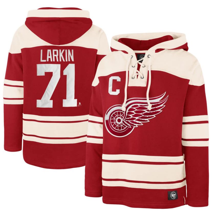NHL Dylan Larkin Detroit Wings Captain Patch Player Name & Number Lacer Pullover Hoodie