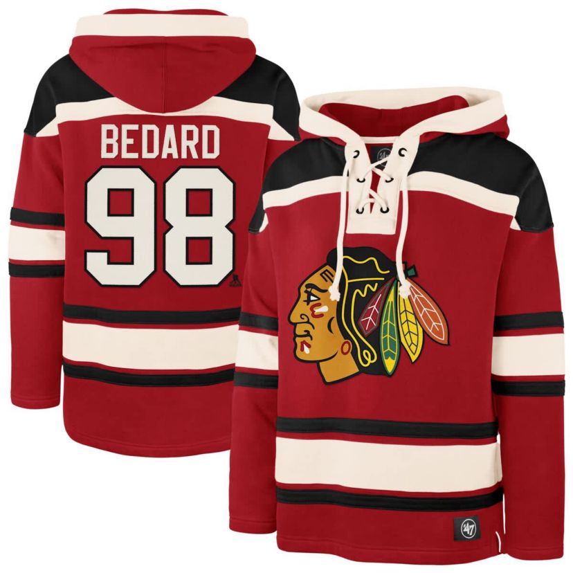 NHL Connor Bedard Chicago Blackhawks Player Name & Number Lacer Pullover Hoodie