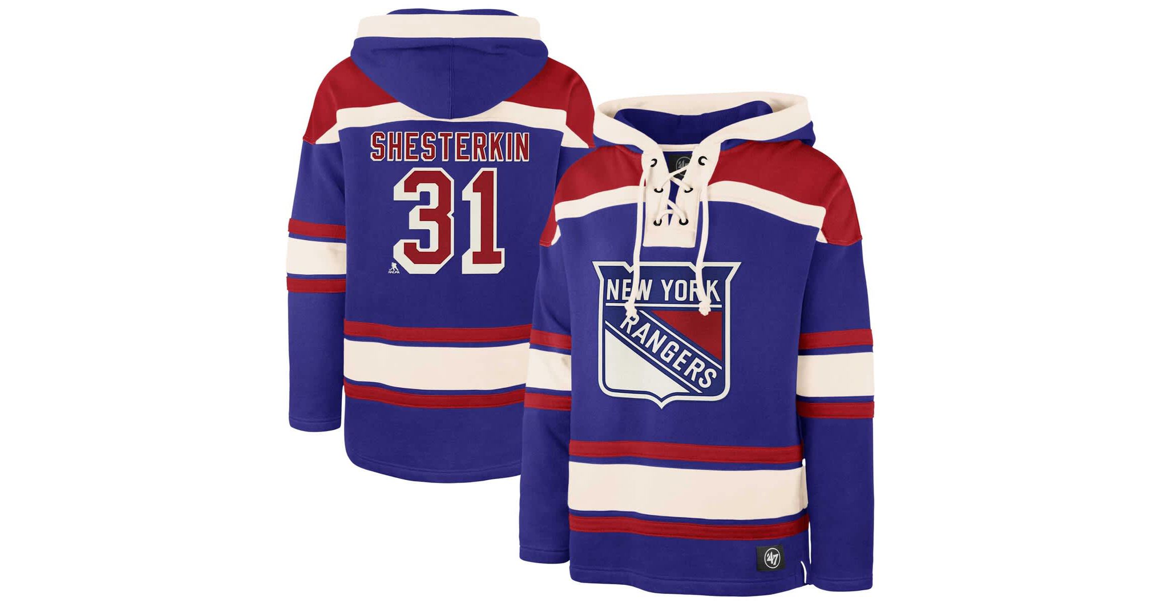 NHL Igor Shesterkin New York Rangers Player Name & Number Lacer Pullover Hoodie