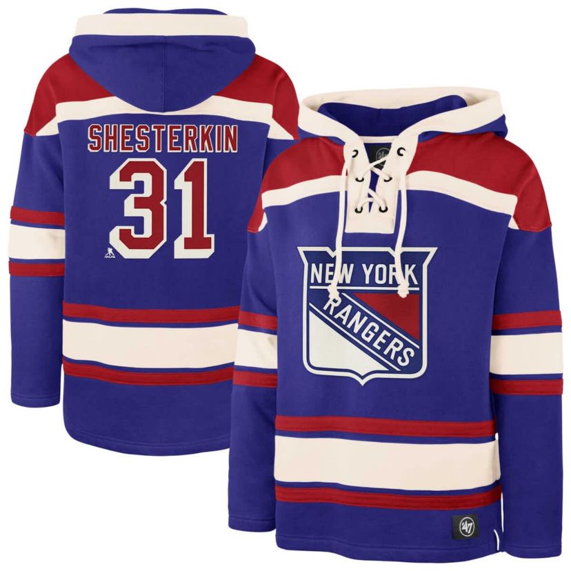 NHL Igor Shesterkin New York Rangers Player Name & Number Lacer Pullover Hoodie