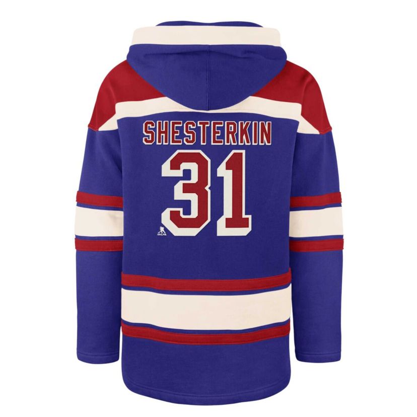 NHL Igor Shesterkin New York Rangers Player Name & Number Lacer Pullover Hoodie