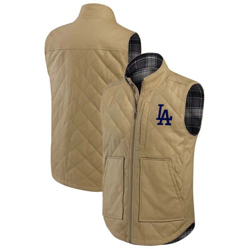 MLB Tan/Charcoal Los Angeles Dodgers Reversible Canvas & Plaid Patch Full-Zip Vest