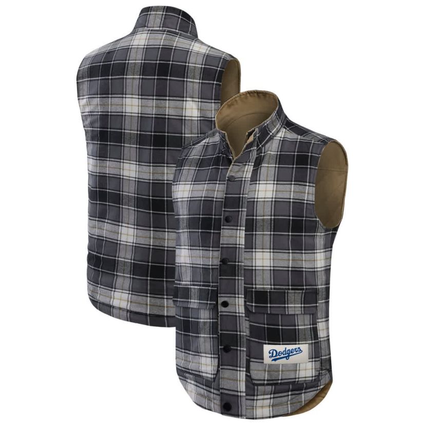 MLB Tan/Charcoal Los Angeles Dodgers Reversible Canvas & Plaid Patch Full-Zip Vest