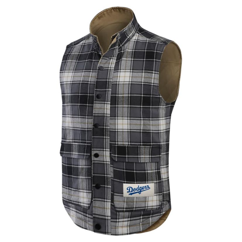 MLB Tan/Charcoal Los Angeles Dodgers Reversible Canvas & Plaid Patch Full-Zip Vest