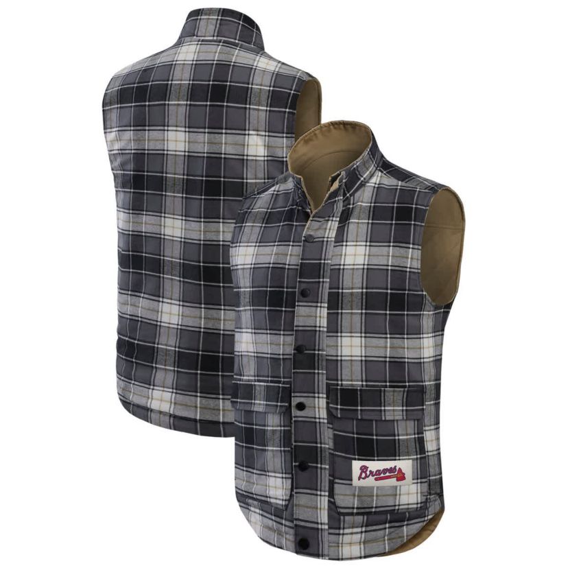 MLB Tan/Charcoal Atlanta Braves Reversible Canvas & Plaid Patch Full-Zip Vest