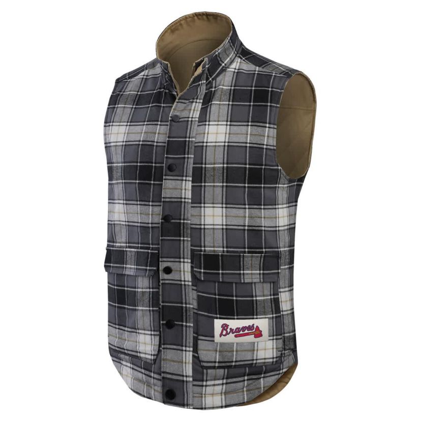 MLB Tan/Charcoal Atlanta Braves Reversible Canvas & Plaid Patch Full-Zip Vest