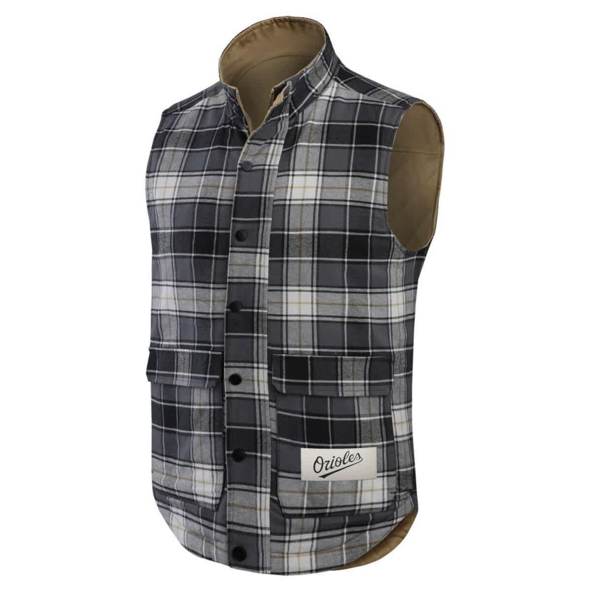 MLB Tan/Charcoal Baltimore Orioles Reversible Canvas & Plaid Patch Full-Zip Vest