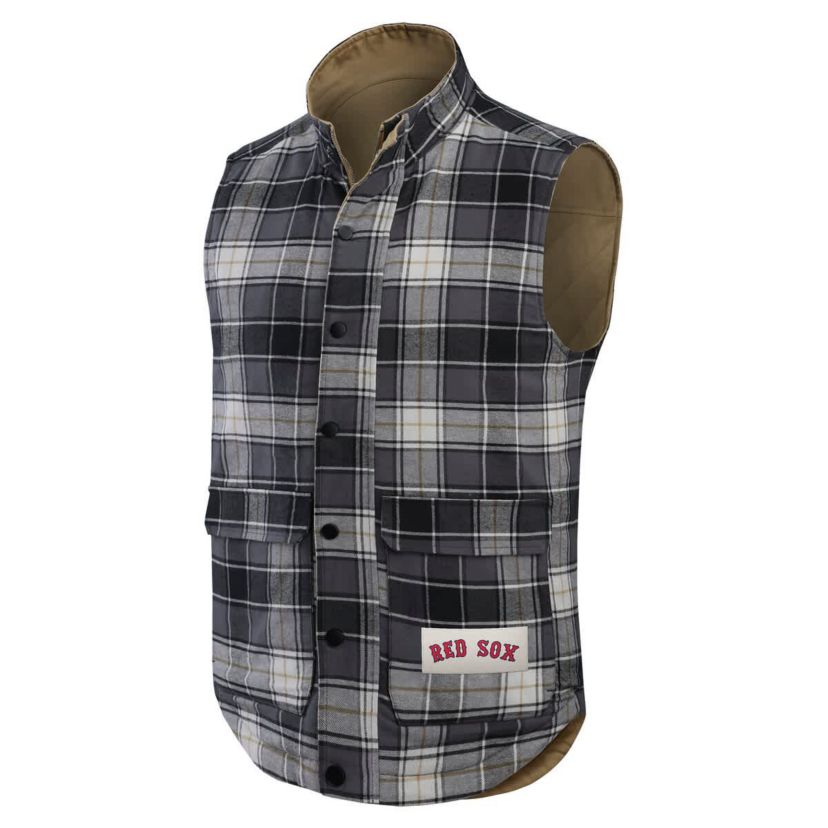 Boston Red Sox MLB Tan/Charcoal Boston Sox Reversible Canvas & Plaid Patch Full-Zip Vest
