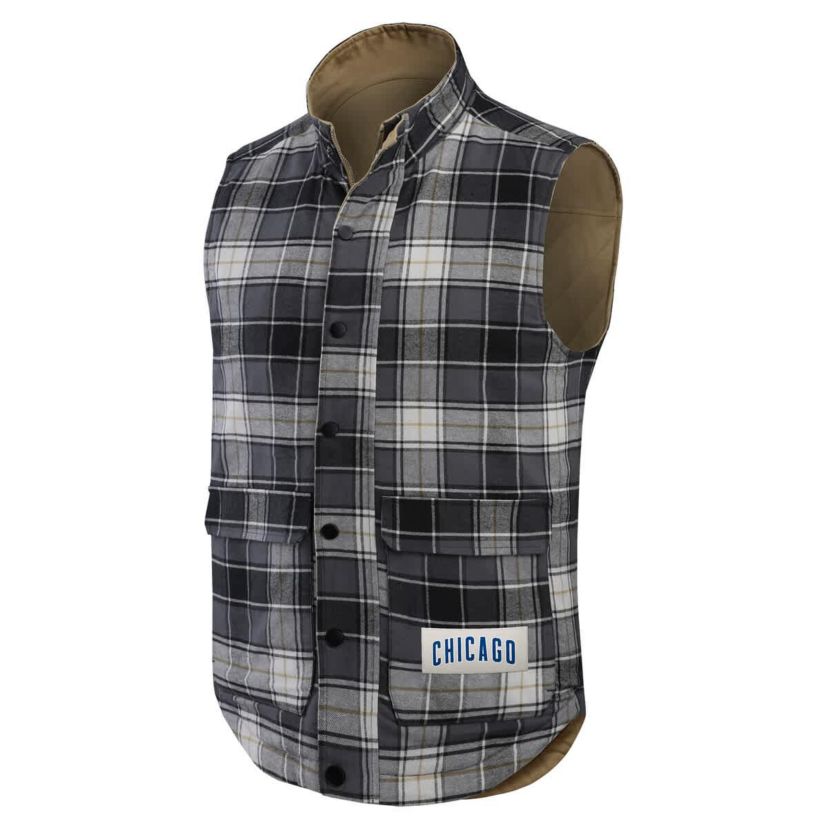 MLB Tan/Charcoal Chicago Cubs Reversible Canvas & Plaid Patch Full-Zip Vest