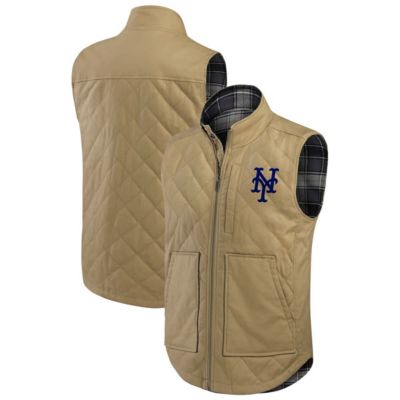 Darius Rucker Collection by Fanatics Men's MLB Tan/Charcoal New York Mets Reversible Canvas & Plaid Patch Full-Zip Vest, Tan, Small