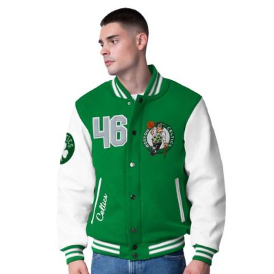 G-III Sports by Carl Banks Men’s NBA Kelly Boston Celtics Moneyball Wool & Leather Full-Snap Varsity Jacket, Green, 2XL