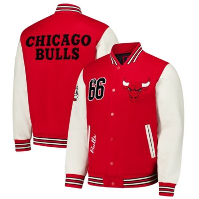 GIII Sports by Carl Banks Mens NBA Chicago Bulls Moneyball Wool  Leather FullSnap Varsity Jacket Red Large