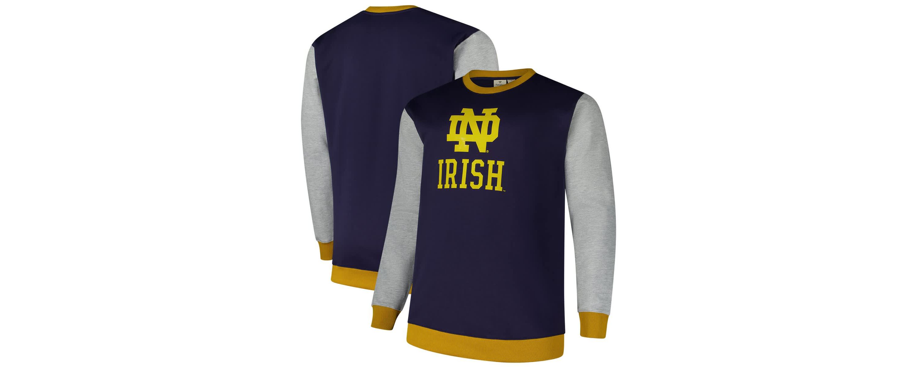 NCAA Fanatics Notre Dame Fighting Irish Contrast Sleeve Large Chest Big & Tall Pullover Sweatshirt