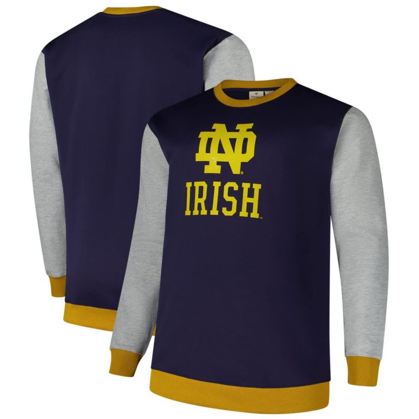NCAA Fanatics Notre Dame Fighting Irish Contrast Sleeve Large Chest Big & Tall Pullover Sweatshirt