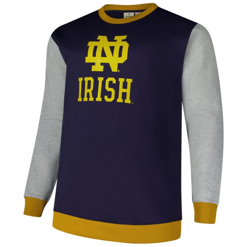 NCAA Fanatics Notre Dame Fighting Irish Contrast Sleeve Large Chest Big & Tall Pullover Sweatshirt