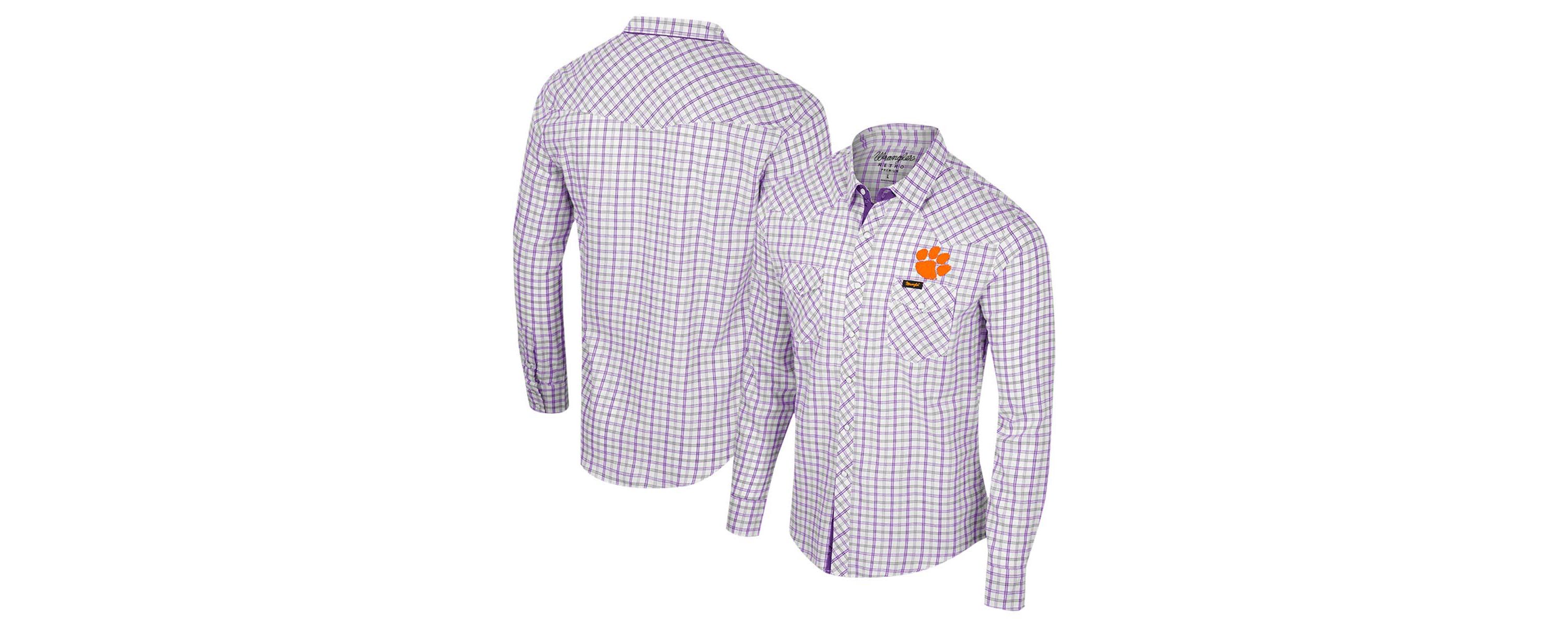 NCAA x Wrangler Clemson Tigers Plaid Window Pane Long Sleeve Full-Snap Shirt