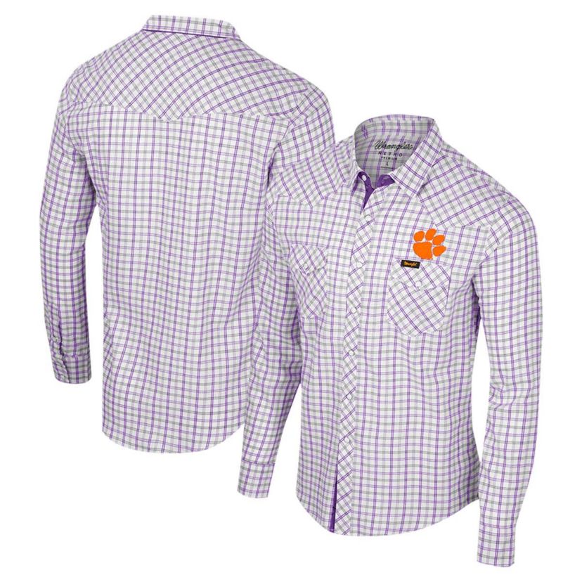 NCAA x Wrangler Clemson Tigers Plaid Window Pane Long Sleeve Full-Snap Shirt