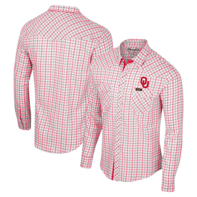 NCAA x Wrangler Oklahoma Sooners Plaid Window Pane Long Sleeve Full-Snap Shirt