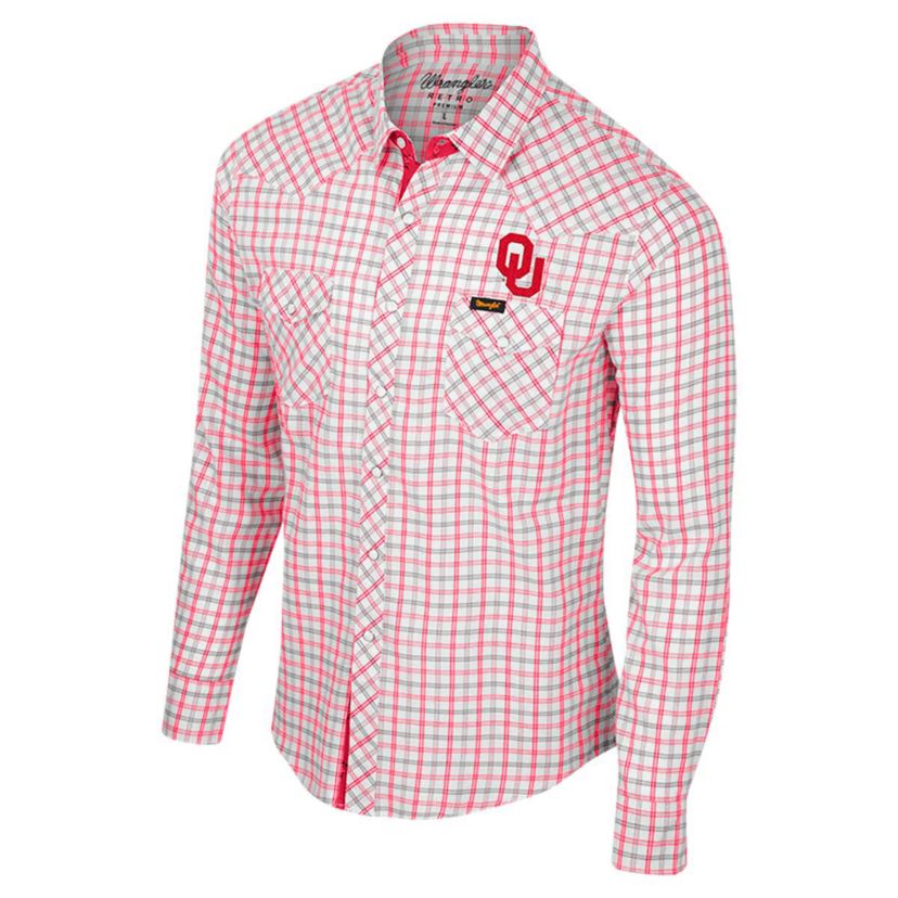 NCAA x Wrangler Oklahoma Sooners Plaid Window Pane Long Sleeve Full-Snap Shirt