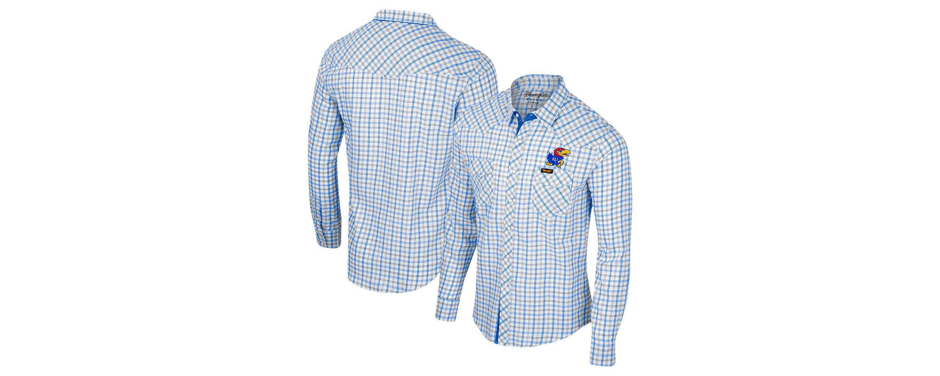 NCAA x Wrangler Kansas Jayhawks Plaid Window Pane Long Sleeve Full-Snap Shirt