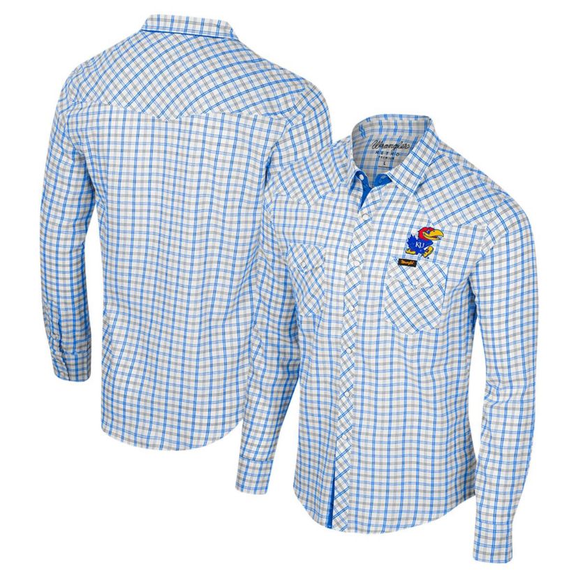 NCAA x Wrangler Kansas Jayhawks Plaid Window Pane Long Sleeve Full-Snap Shirt