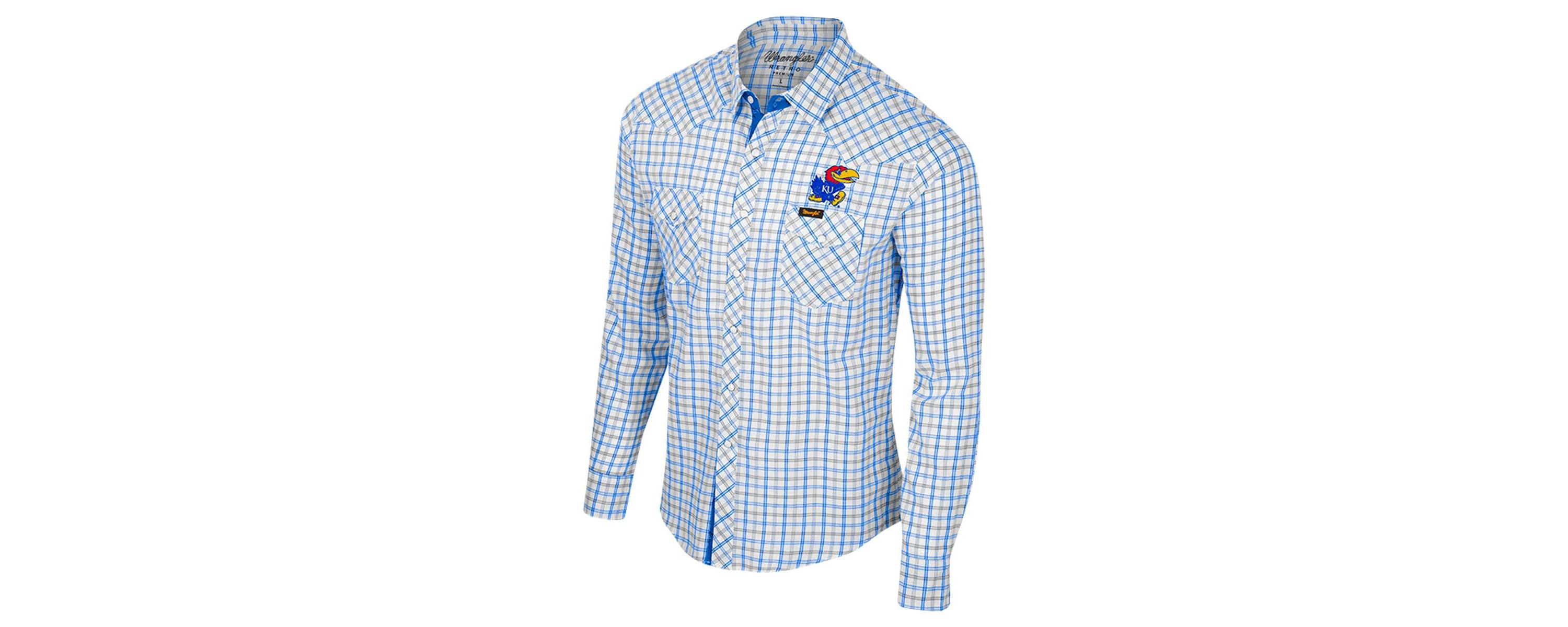 NCAA x Wrangler Kansas Jayhawks Plaid Window Pane Long Sleeve Full-Snap Shirt