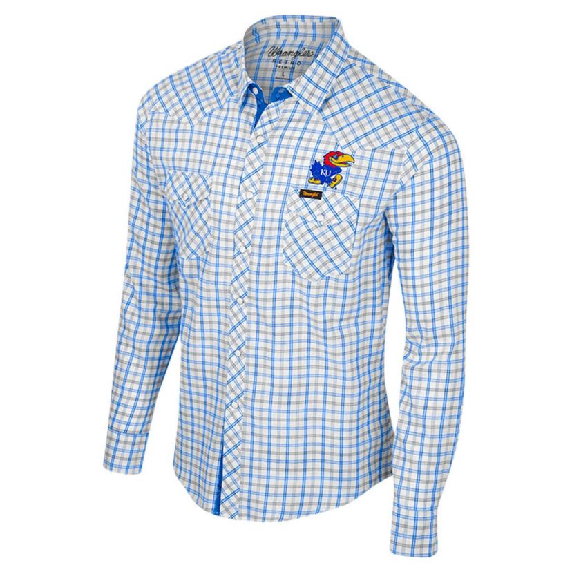 NCAA x Wrangler Kansas Jayhawks Plaid Window Pane Long Sleeve Full-Snap Shirt