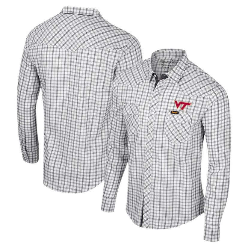 NCAA x Wrangler Virginia Tech Hokies Plaid Window Pane Long Sleeve Full-Snap Shirt