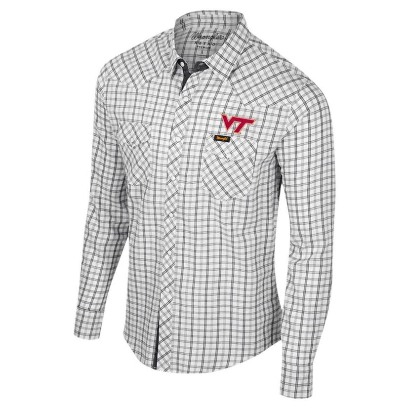 NCAA x Wrangler Virginia Tech Hokies Plaid Window Pane Long Sleeve Full-Snap Shirt