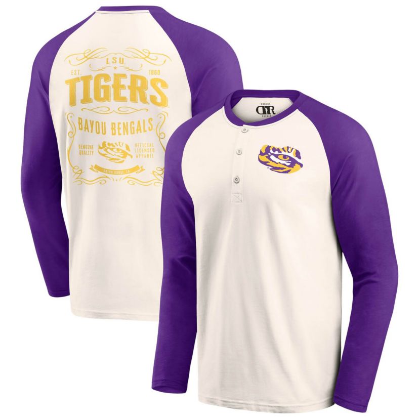 NCAA Light Beige LSU Tigers Raglan Henley Long Sleeve T-Shirt