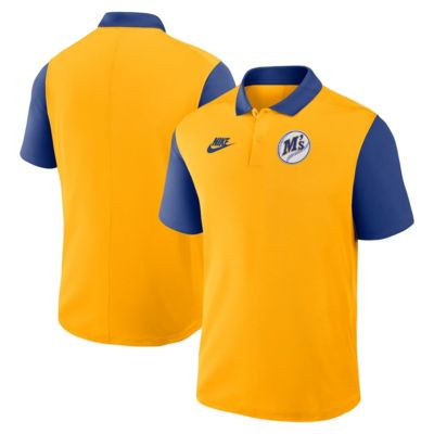 Men's MLB Nike Gold/Royal Seattle Mariners Cooperstown Collection Color-Block Victory Dri-FIT Polo