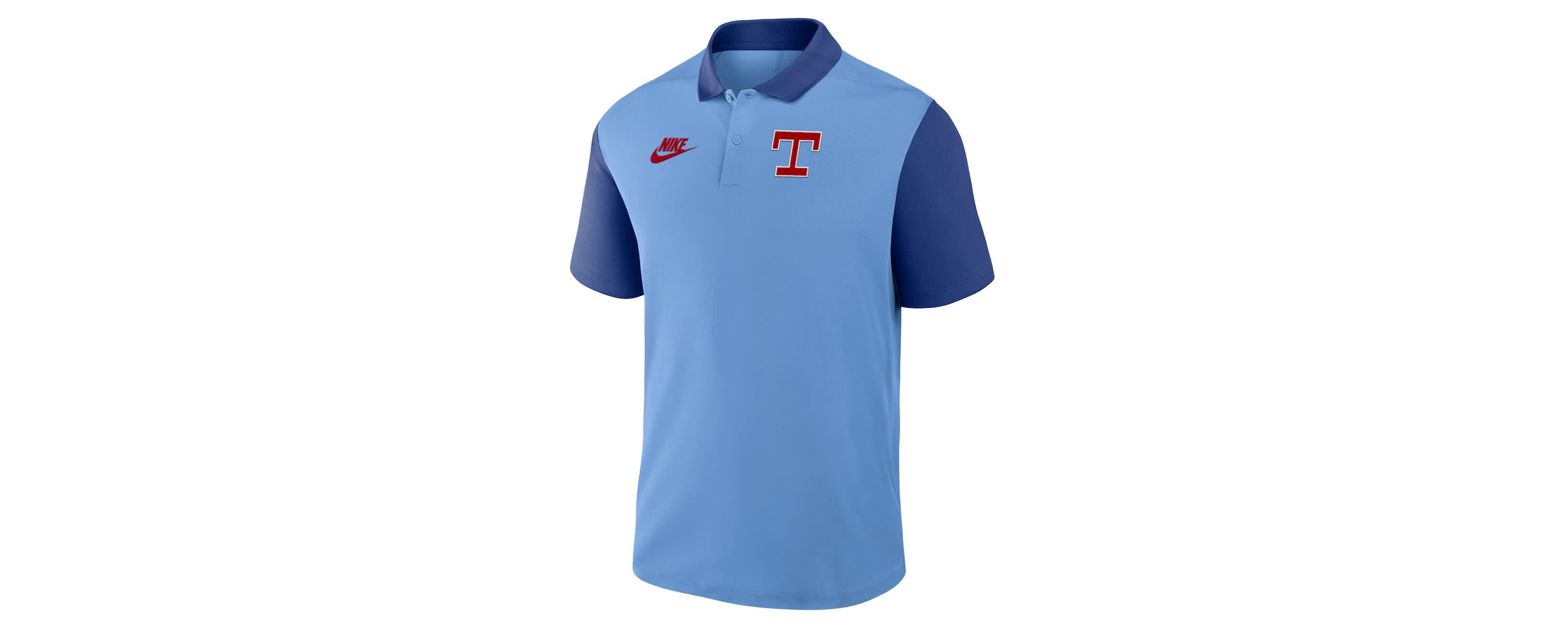 MLB Nike Light Blue/Royal Texas Rangers Cooperstown Collection Color-Block Victory Dri-FIT Polo