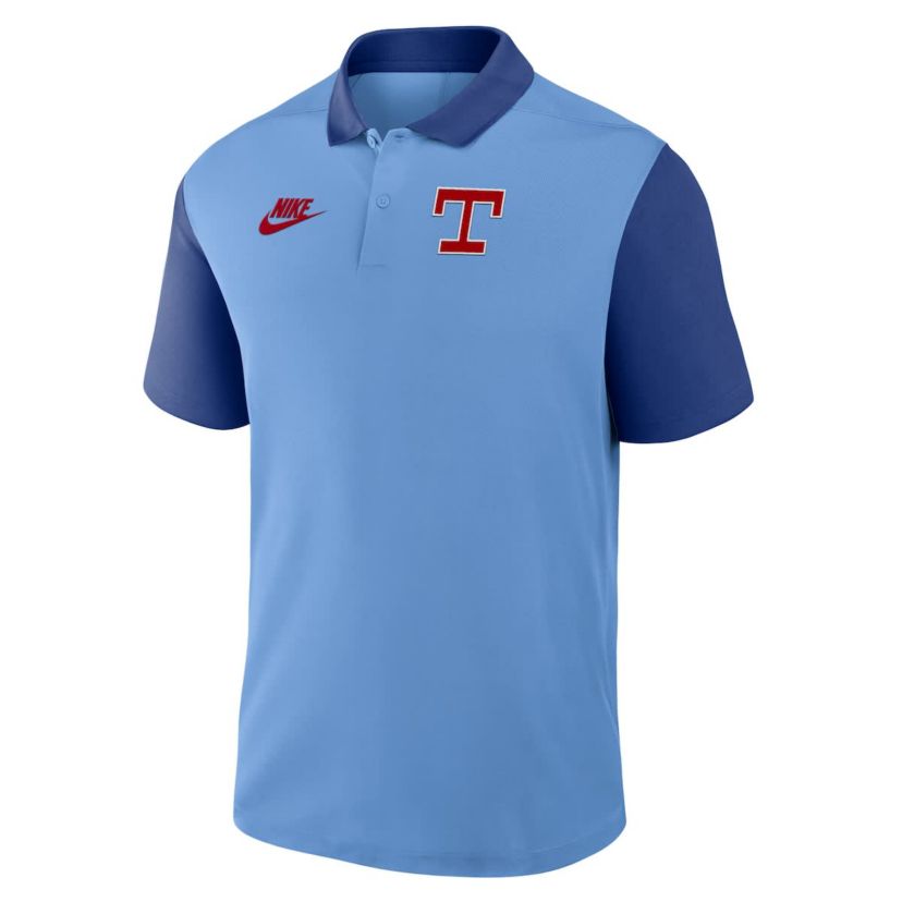 MLB Nike Light Blue/Royal Texas Rangers Cooperstown Collection Color-Block Victory Dri-FIT Polo